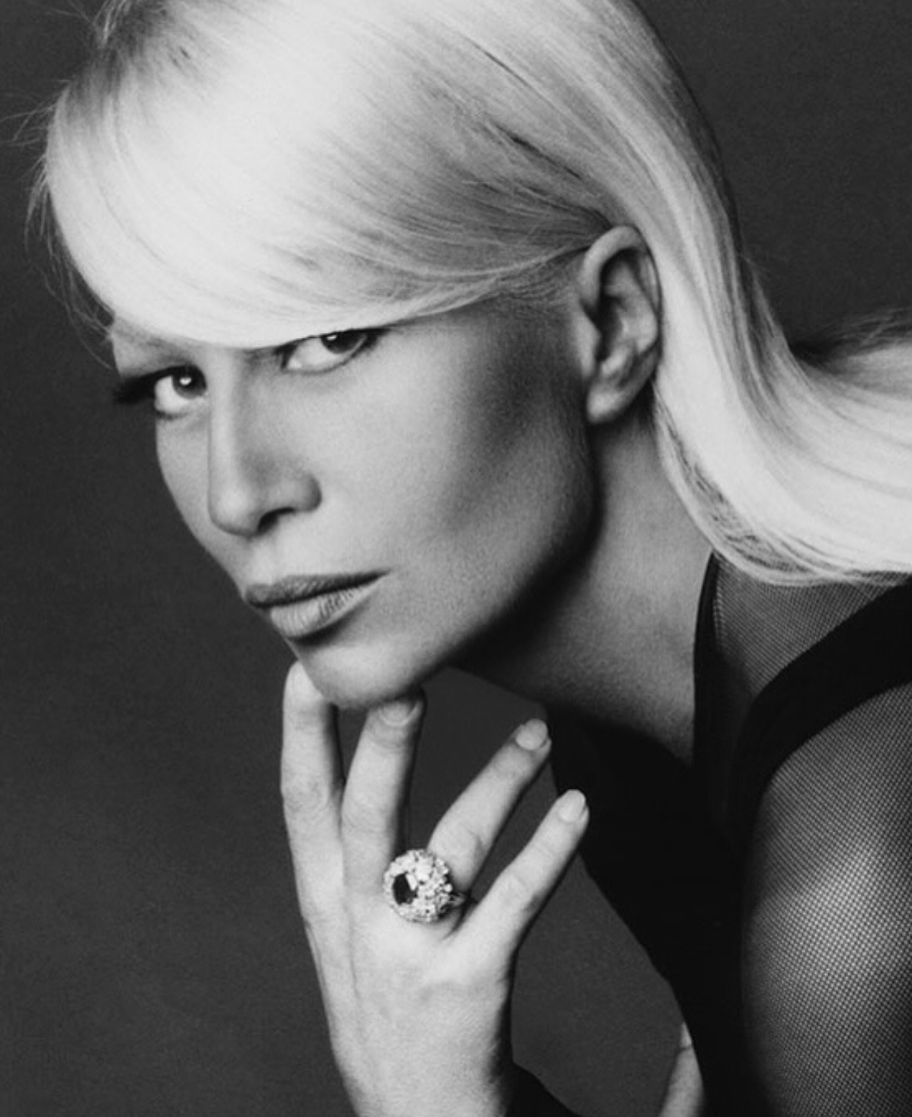 A young Donatella Versace in black and white